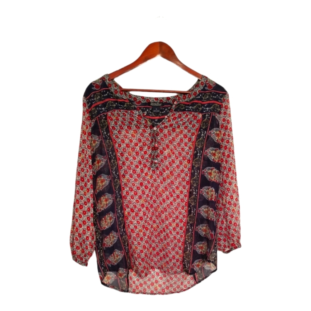 ❤PICK 3/$15❤Lucky Brand Sheer Blouse Red Floral Button Front